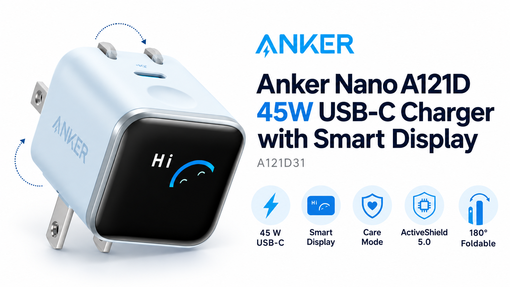 Anker Nano A121D 45W Smart Display USB-C Charger Misty Blue Overview