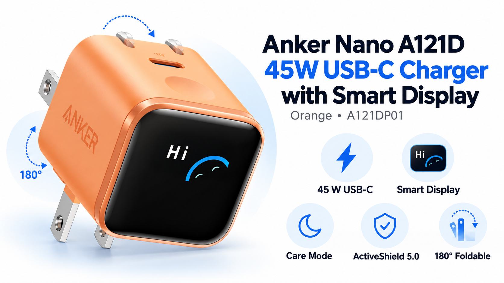 Anker Nano A121D 45W Smart Display USB-C Charger Orange Overview