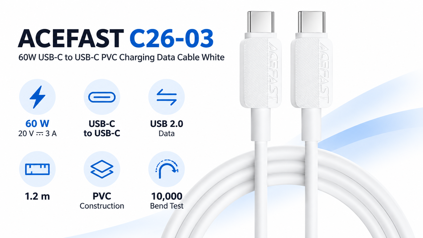ACEFAST C26-03 60W USB-C to USB-C PVC Charging Data Cable White Overview