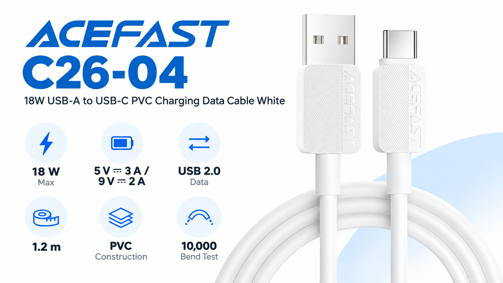 ACEFAST C26-04 18W USB-A to USB-C PVC Charging Data Cable White Overview