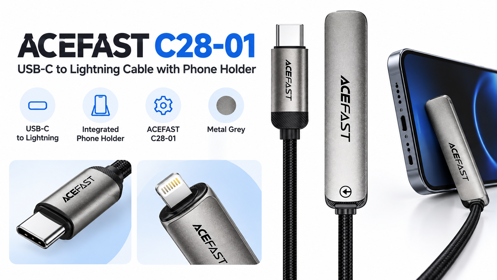 ACEFAST C28-01 USB-C to Lightning Cable with Phone Holder Metal Grey Overview