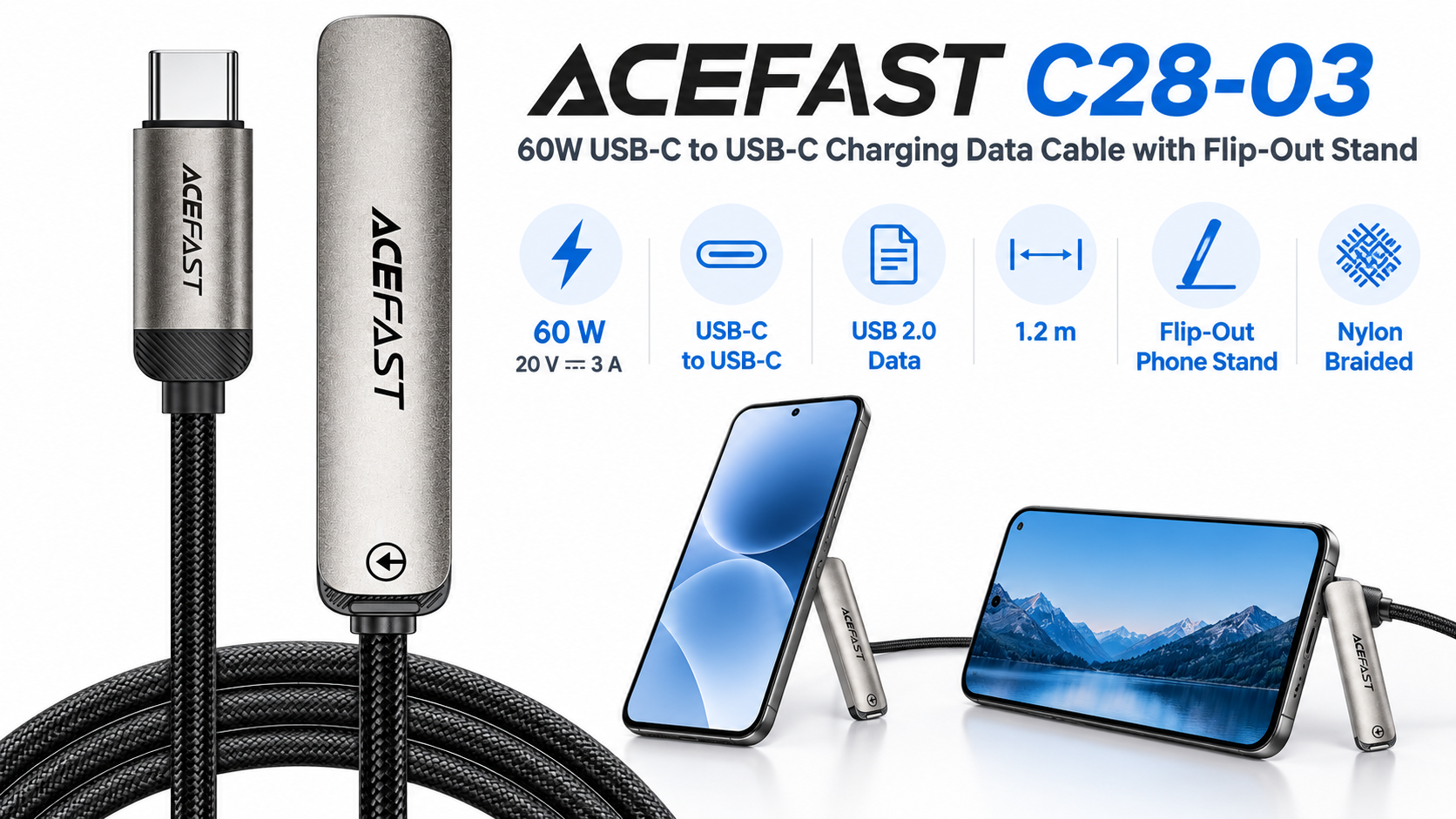 ACEFAST C28-03 60W USB-C to USB-C Charging Data Cable with Flip-Out Stand Metal Grey Overview
