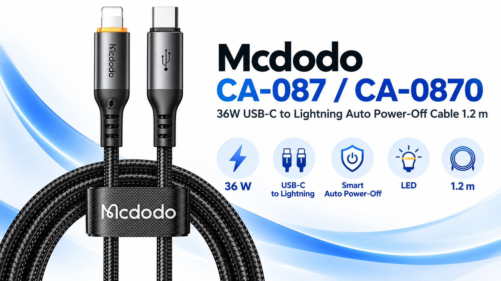 Mcdodo CA-087 CA-0870 36W USB-C to Lightning Auto Power-Off Cable 1.2m Overview