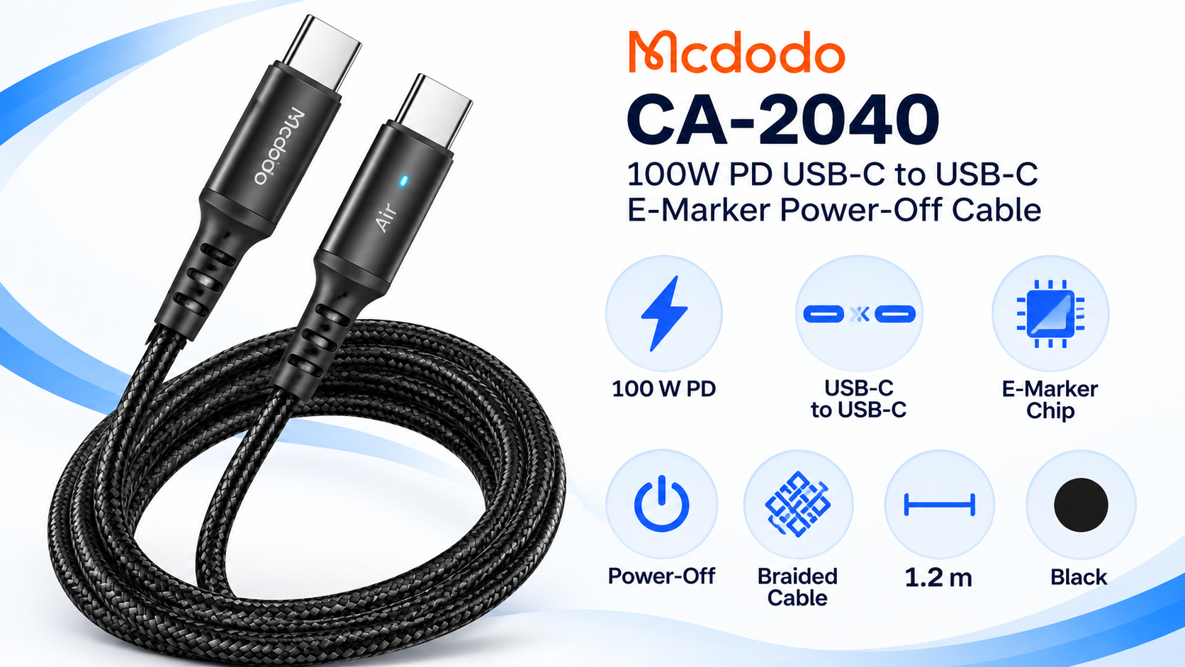 Mcdodo CA-2040 100W PD USB-C to USB-C E-Marker Power-Off Cable 1.2m Black Overview