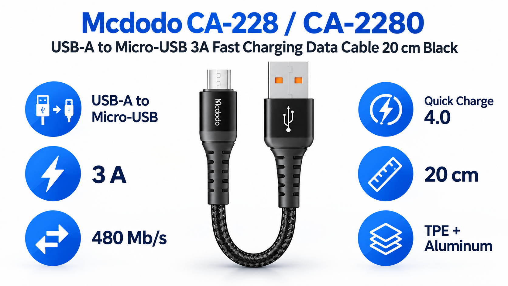 Mcdodo CA-228 CA-2280 USB-A to Micro-USB 3A Fast Charging Data Cable 20cm Black Overview