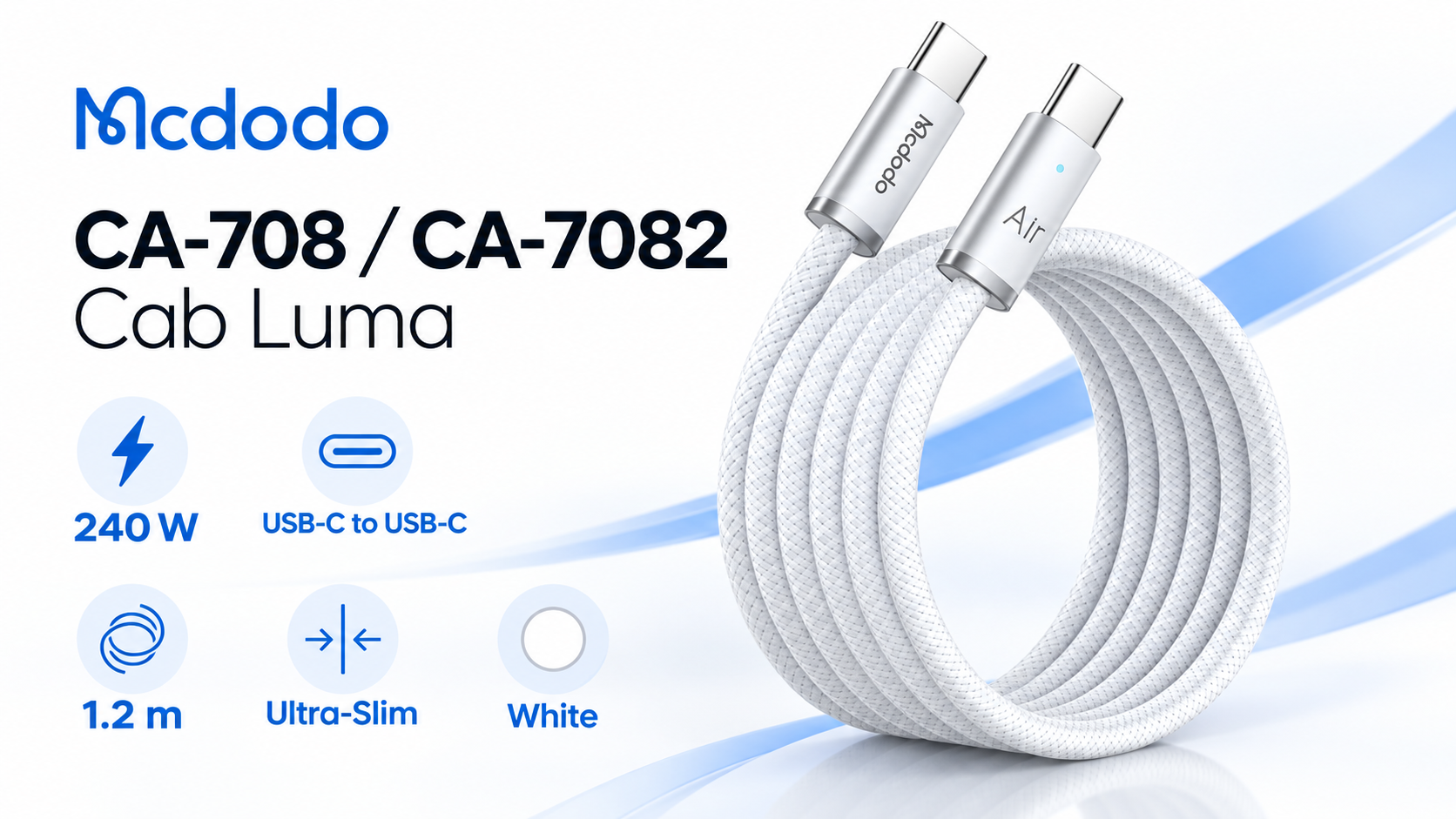 Mcdodo CA-708 CA-7082 Cab Luma 240W USB-C to USB-C Cable 1.2m White Overview
