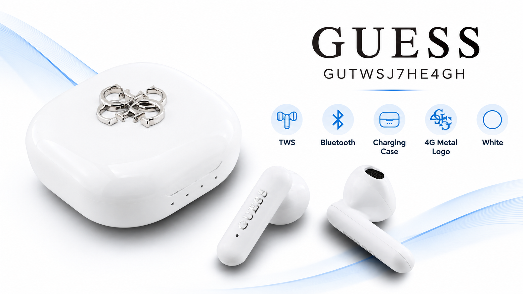 Guess GUTWSJ7HE4GH 4G Metal Logo TWS Bluetooth Earphones with Charging Case White Overview