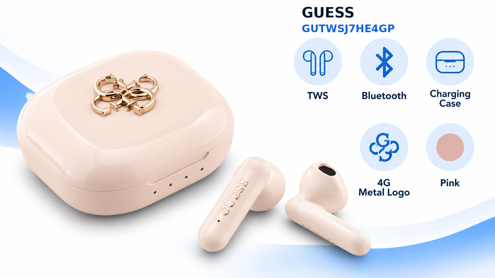 Guess GUTWSJ7HE4GP 4G Metal Logo TWS Bluetooth Earphones with Charging Case Pink Overview