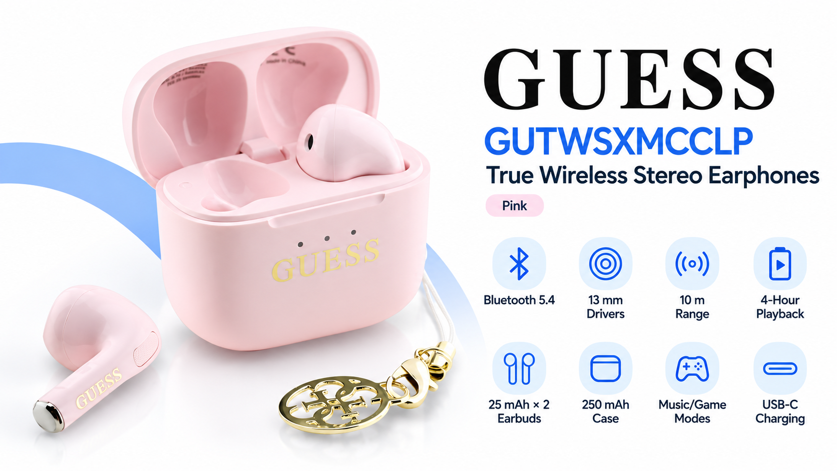 Guess GUTWSXMCCLP True Wireless Stereo Bluetooth 5.4 Earphones Pink Overview