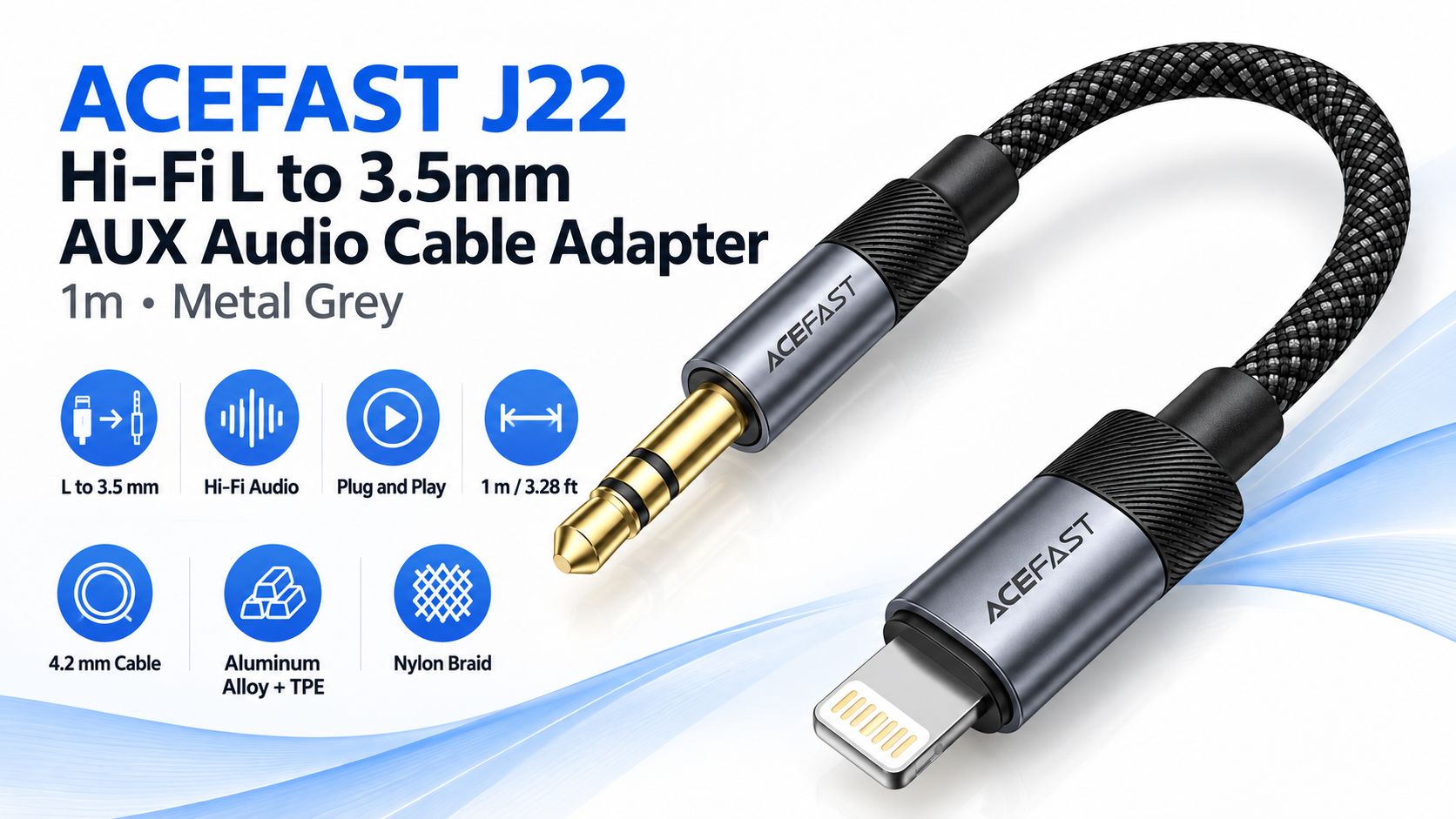 ACEFAST J22 Hi-Fi L to 3.5mm AUX Audio Cable Adapter 1m Metal Grey Overview