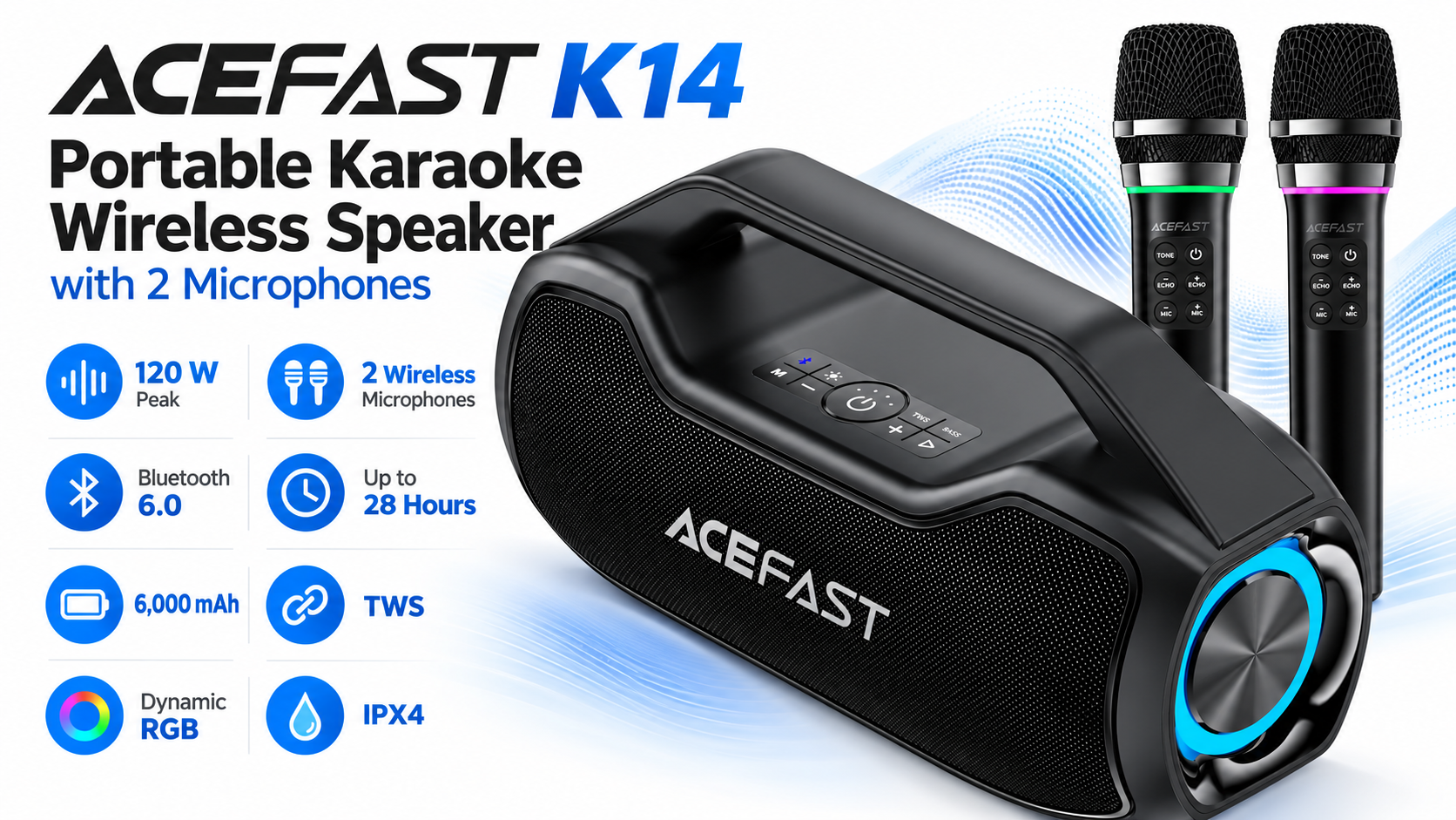 ACEFAST K14 120W Portable Karaoke Wireless Speaker with 2 Microphones Black Overview