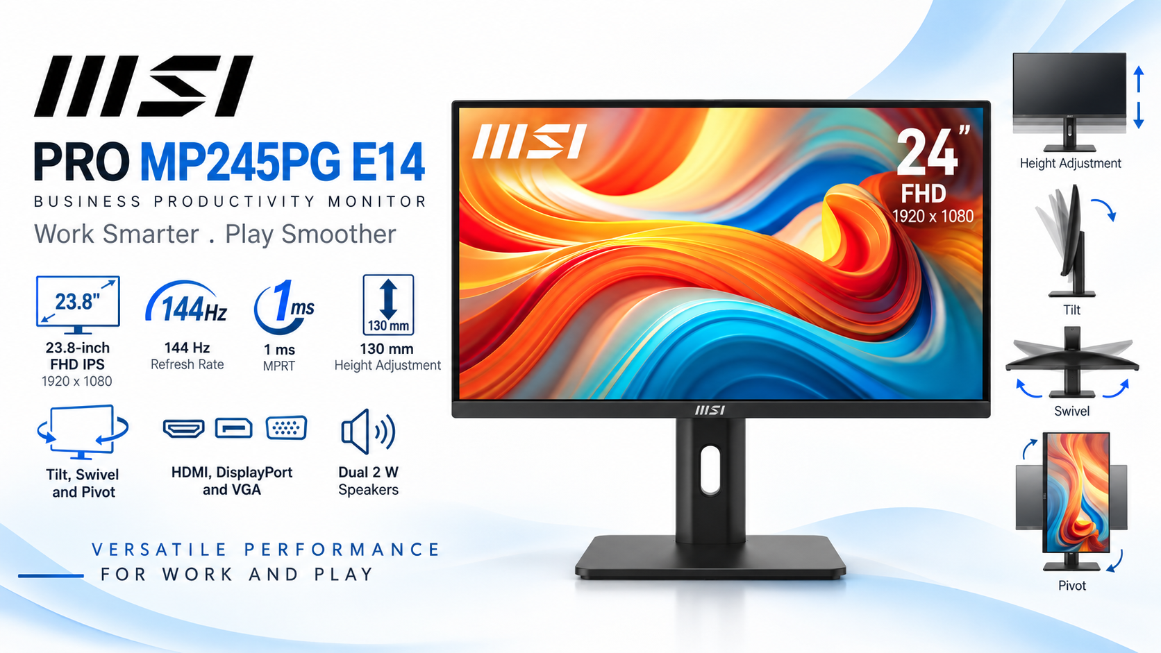 MSI PRO MP245PG E14 23.8-inch FHD IPS 144Hz Ergonomic Monitor Overview