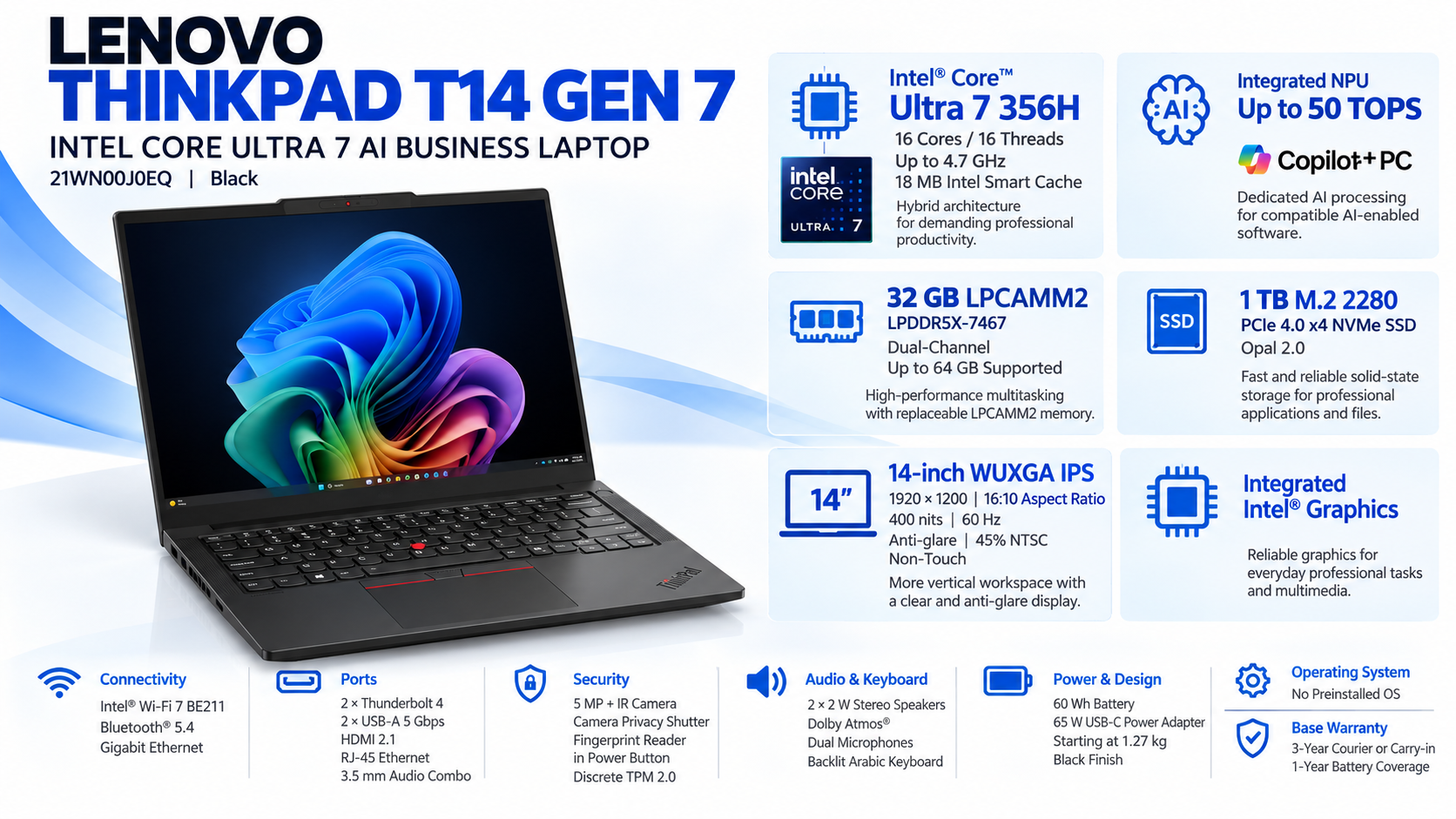 Lenovo ThinkPad T14 Gen 7 Intel Core Ultra 7 356H Black Laptop Overview