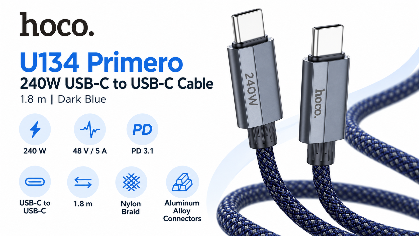 HOCO U134 Primero 240W USB-C to USB-C PD 3.1 Cable 1.8 m Dark Blue Overview