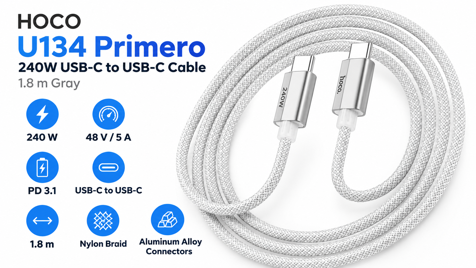 HOCO U134 Primero 240W USB-C to USB-C PD 3.1 Cable 1.8 m Gray Overview