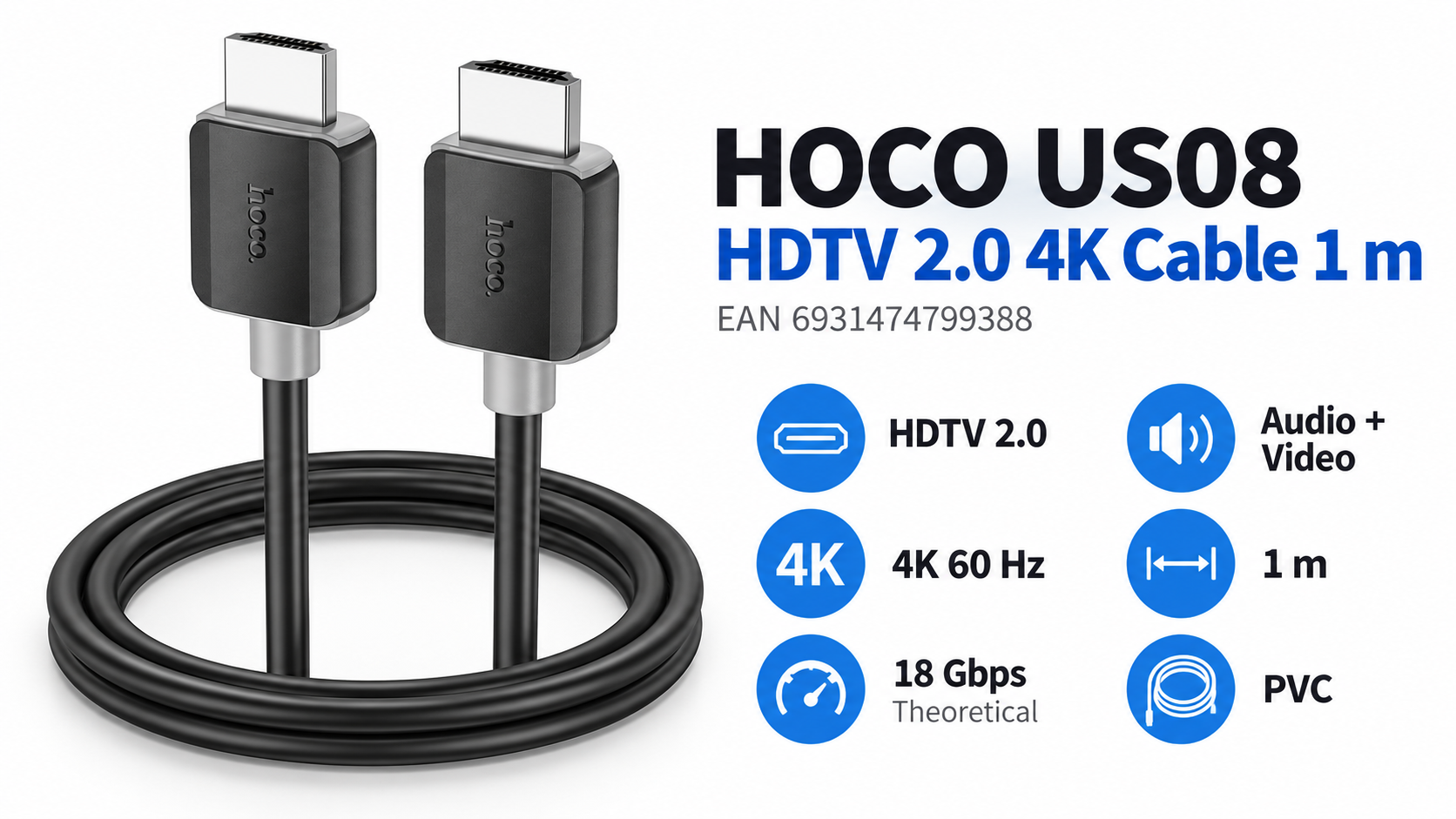HOCO US08 HDTV 2.0 Male-to-Male 4K 60Hz Cable 1 m Overview