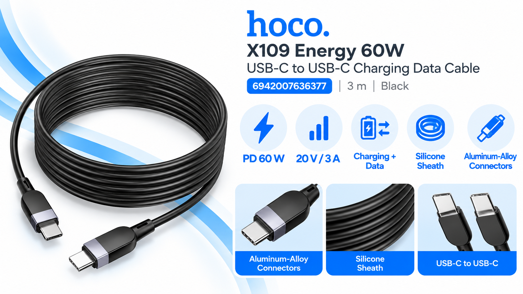 HOCO X109 Energy 60W USB-C to USB-C Silicone Charging Data Cable 3 m Black Overview