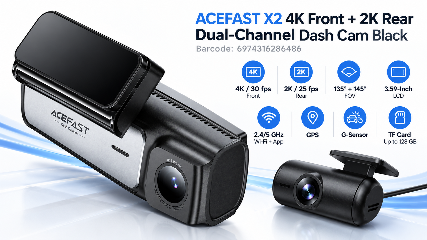 ACEFAST X2 4K Front 2K Rear Dual-Channel Dash Cam Black Overview