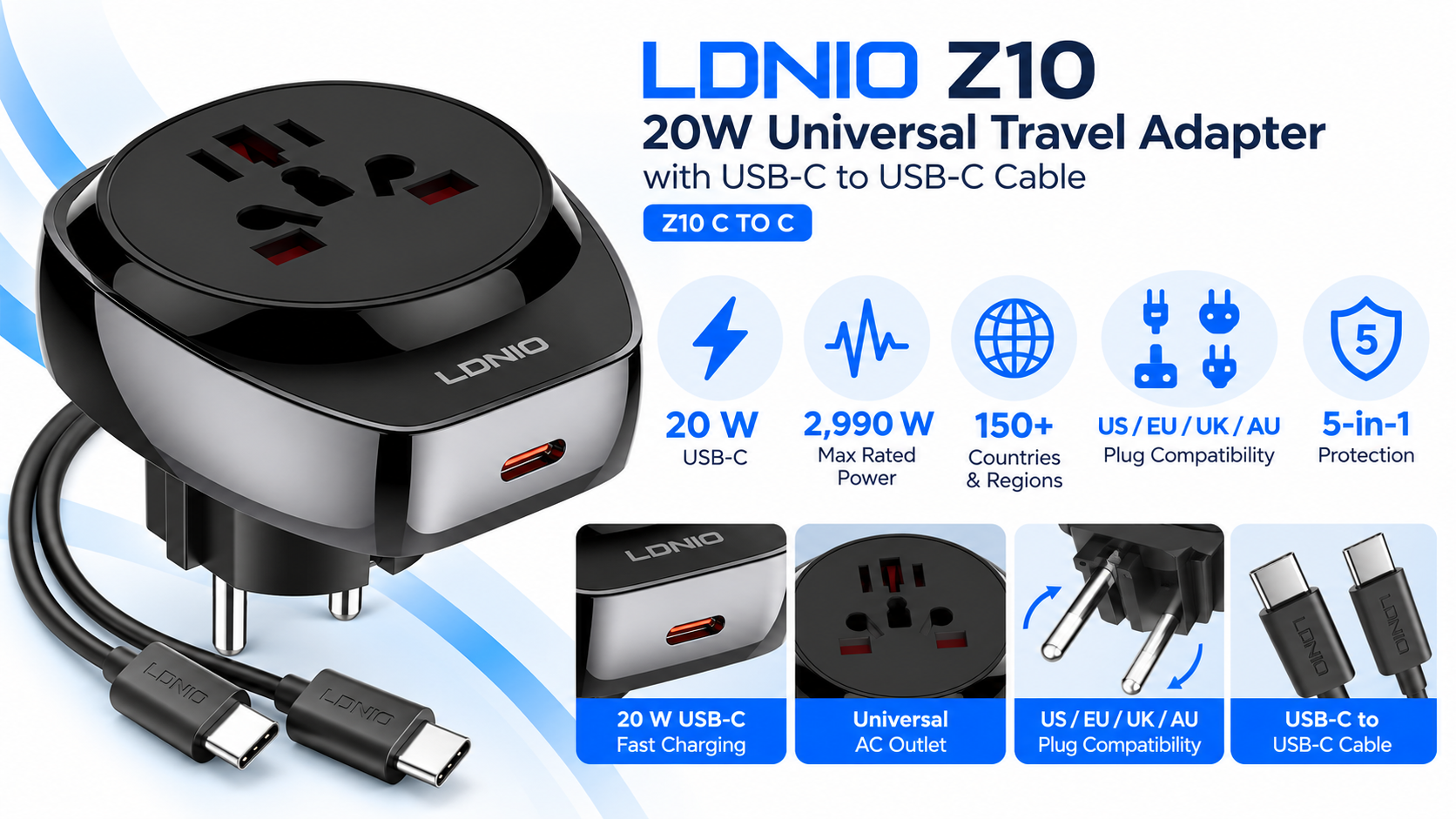 LDNIO Z10 20W Universal Travel Adapter with USB-C to USB-C Cable Overview