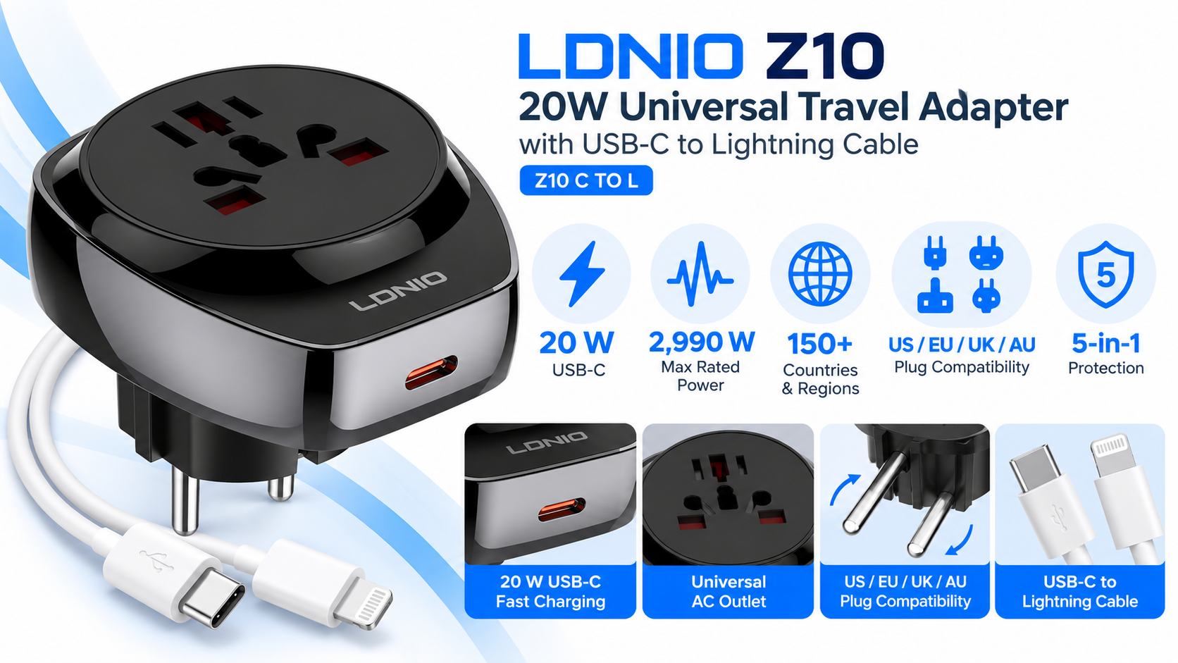 LDNIO Z10 20W Universal Travel Adapter with USB-C to Lightning Cable Overview