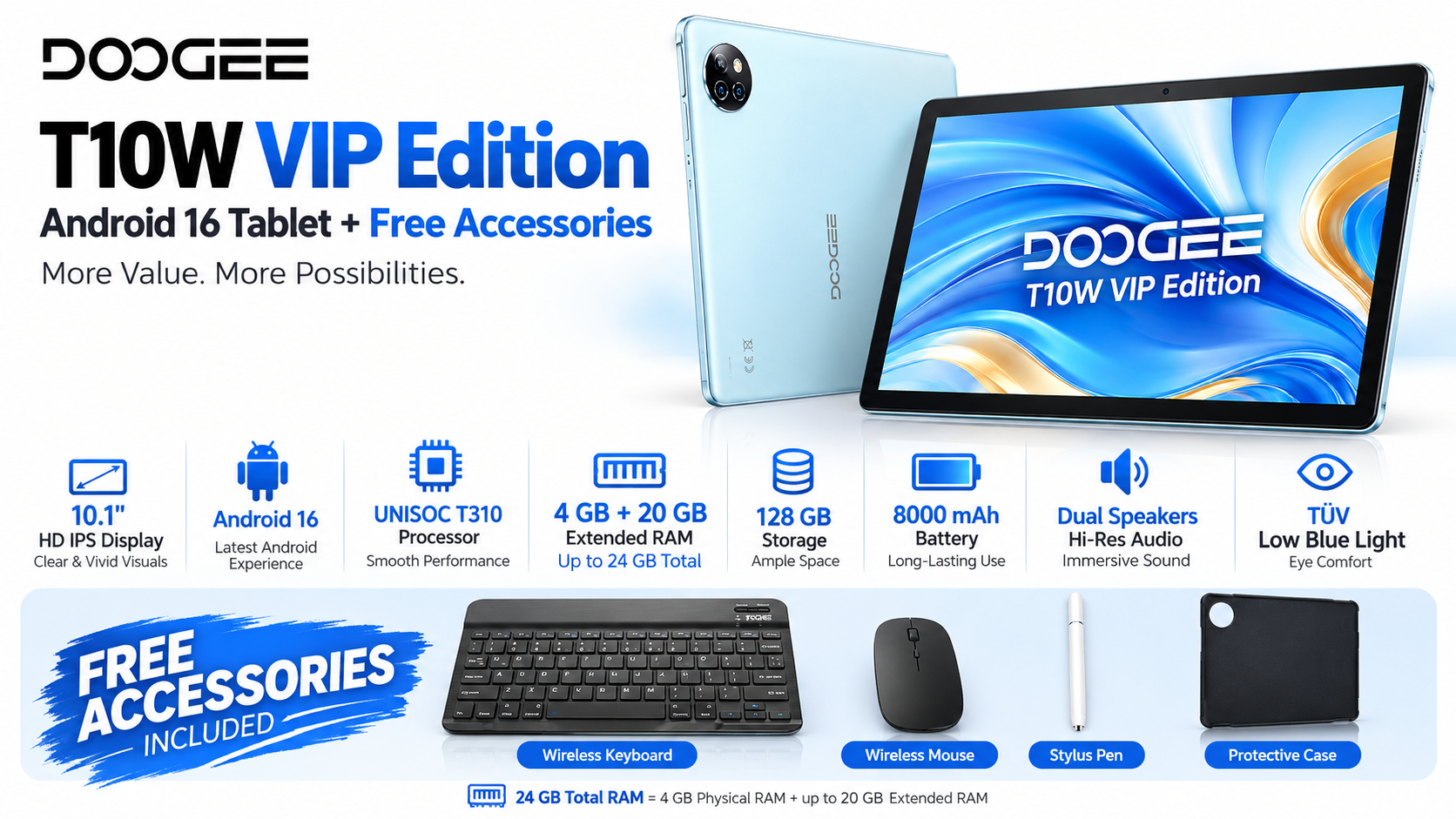 DOOGEE T10W VIP Edition Blue Android 16 Tablet with Free Accessories Overview
