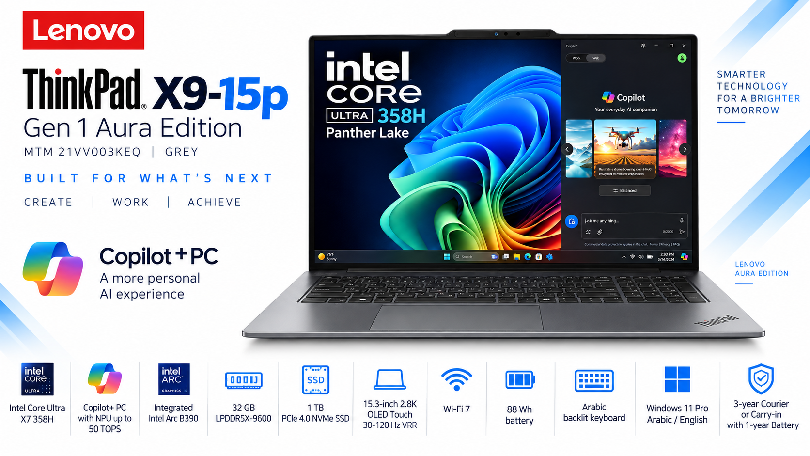 Lenovo ThinkPad X9-15p Gen 1 Aura Edition Laptop - Core Ultra X7 358H - 32GB - 1TB SSD - 15.3-inch 2.8K OLED Touch - Grey Overview