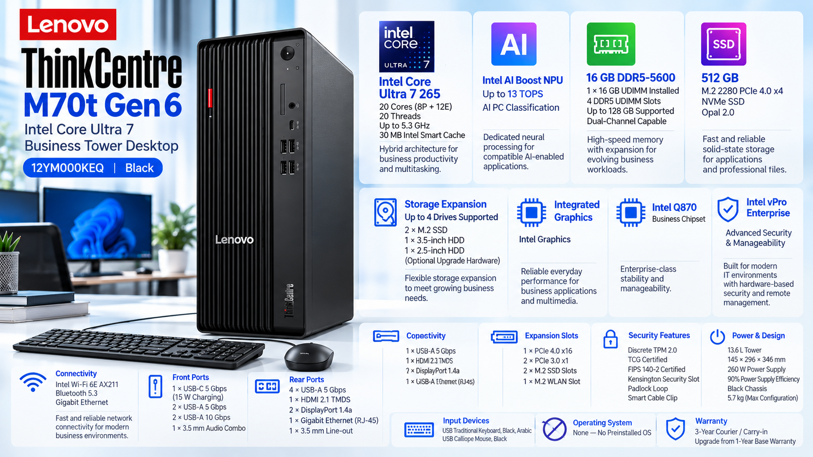 Lenovo ThinkCentre M70t Gen 6 Intel Core Ultra 7 265 Black Tower Desktop Overview