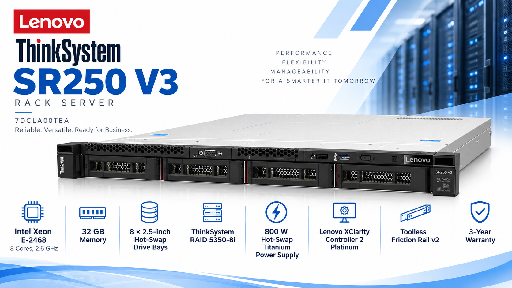 Lenovo ThinkSystem SR250 V3 1U Rack Server Xeon E-2468 32GB 8-Bay 2.5-inch Hot-Swap Overview