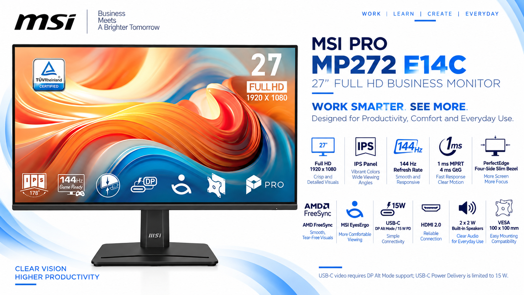 MSI PRO MP272 E14C 27-Inch FHD IPS 144Hz Business Monitor Black Overview