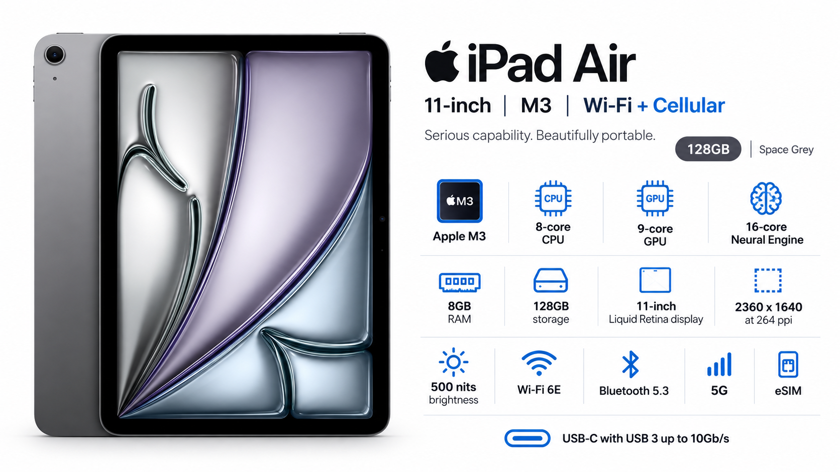 Apple iPad Air 11-inch M3 Wi-Fi + Cellular 128GB Space Grey Overview