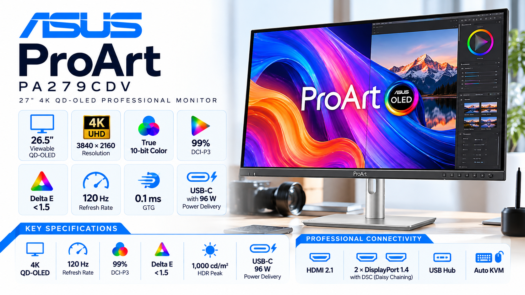 ASUS ProArt Display OLED PA279CDV 27-inch 4K QD-OLED Professional Monitor Overview