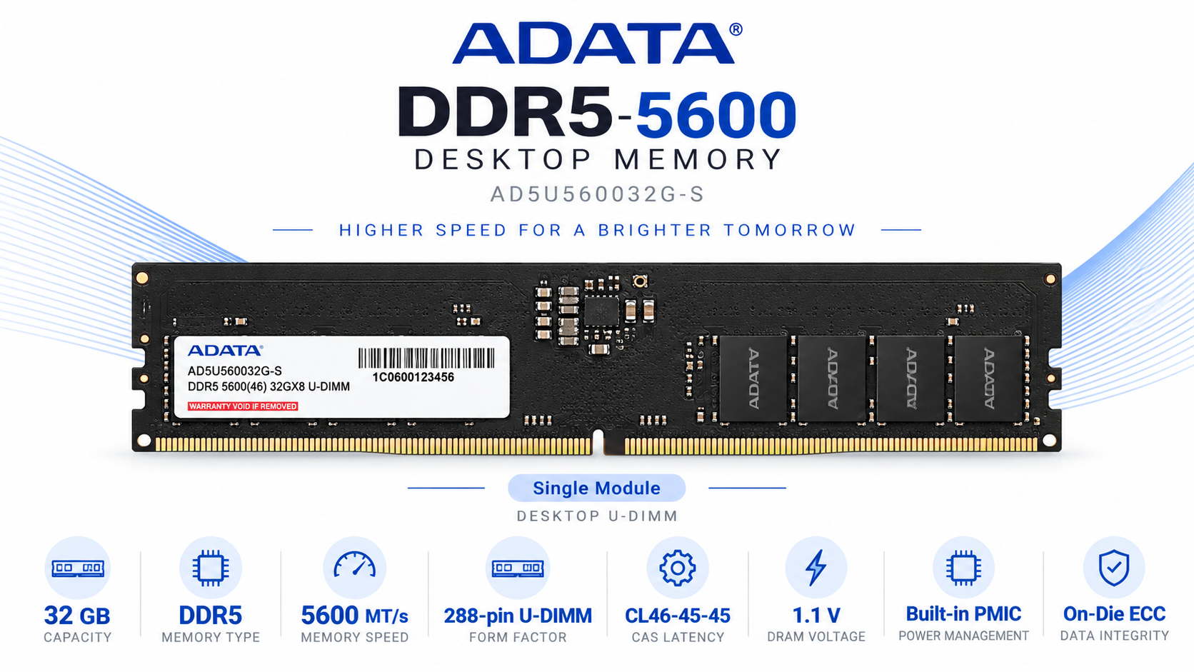 ADATA DDR5-5600 32GB CL46 U-DIMM Desktop Memory Overview