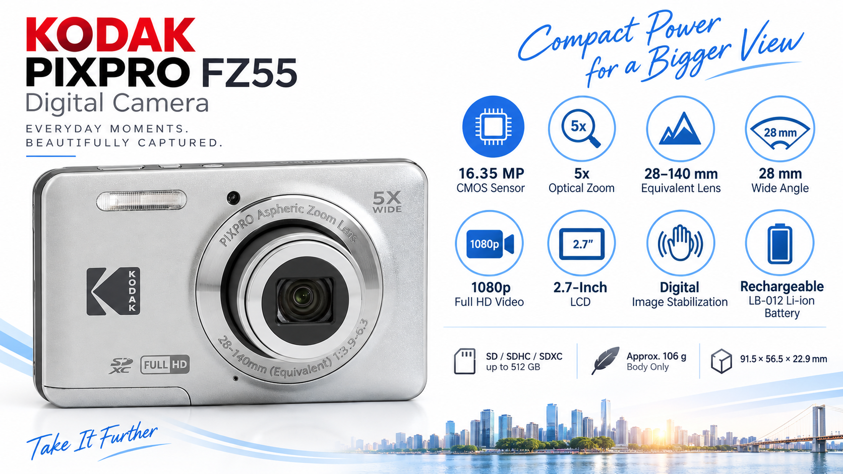 KODAK PIXPRO FZ55 16MP 5x Optical Zoom Digital Camera Silver Overview