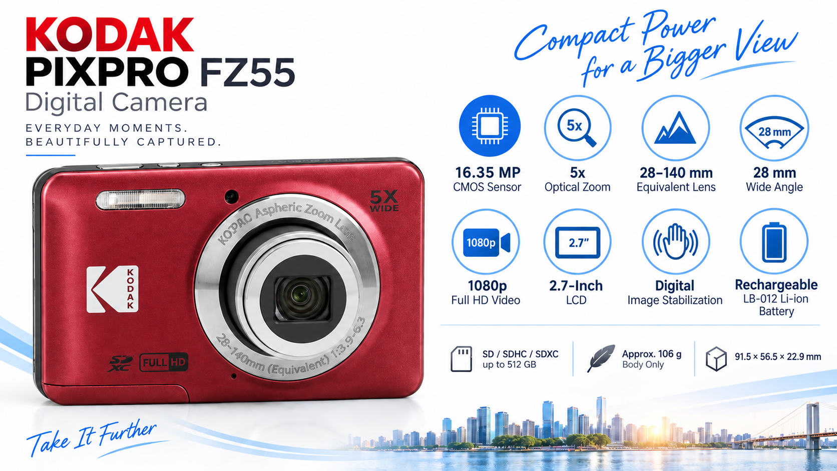 KODAK PIXPRO FZ55 16MP 5x Optical Zoom Digital Camera Red Overview