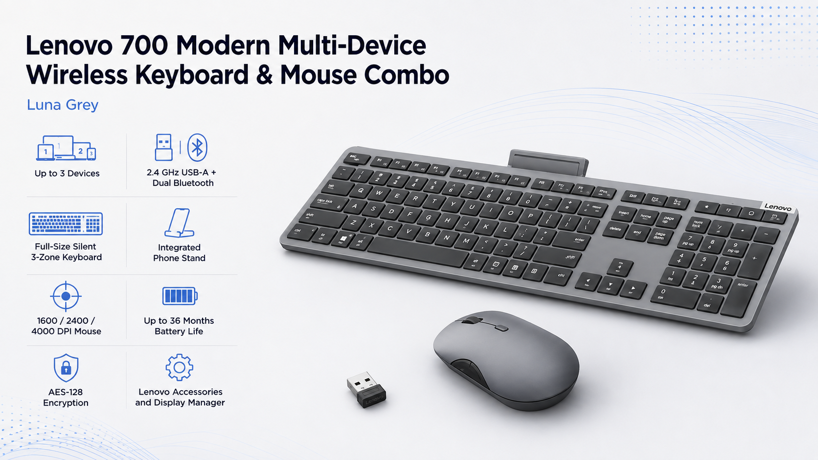 Lenovo 700 Modern Multi-Device Wireless Keyboard and Mouse Combo Luna Grey Overview