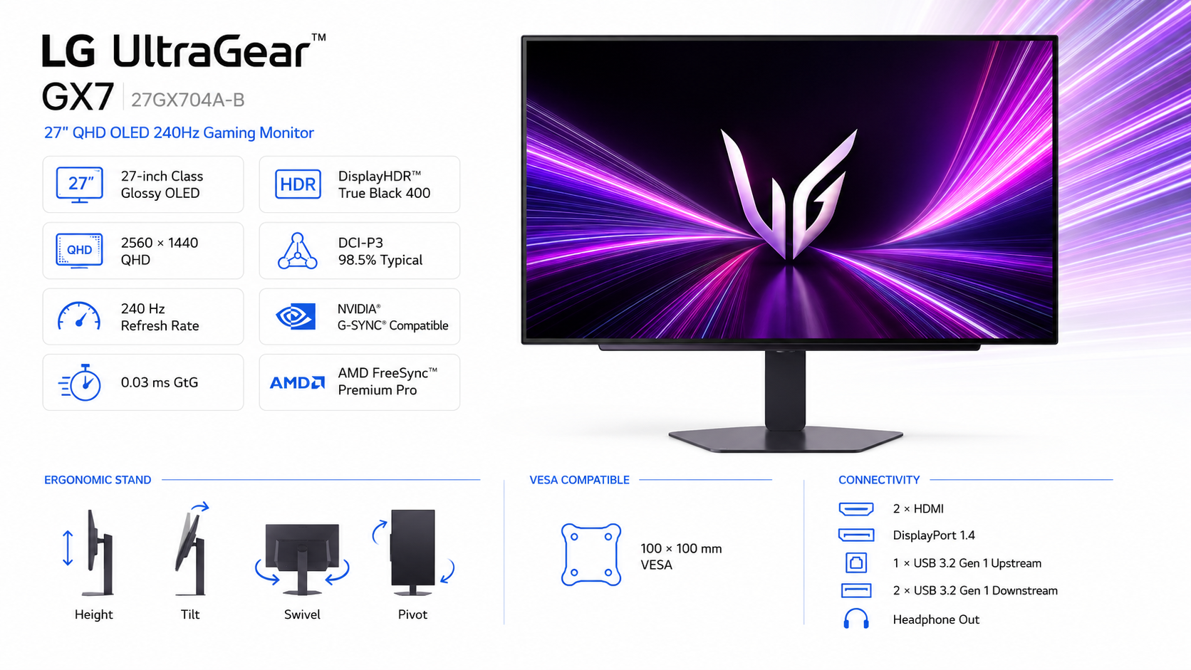 LG UltraGear GX7 27GX704A-B 27-inch QHD OLED 240Hz Gaming Monitor Overview