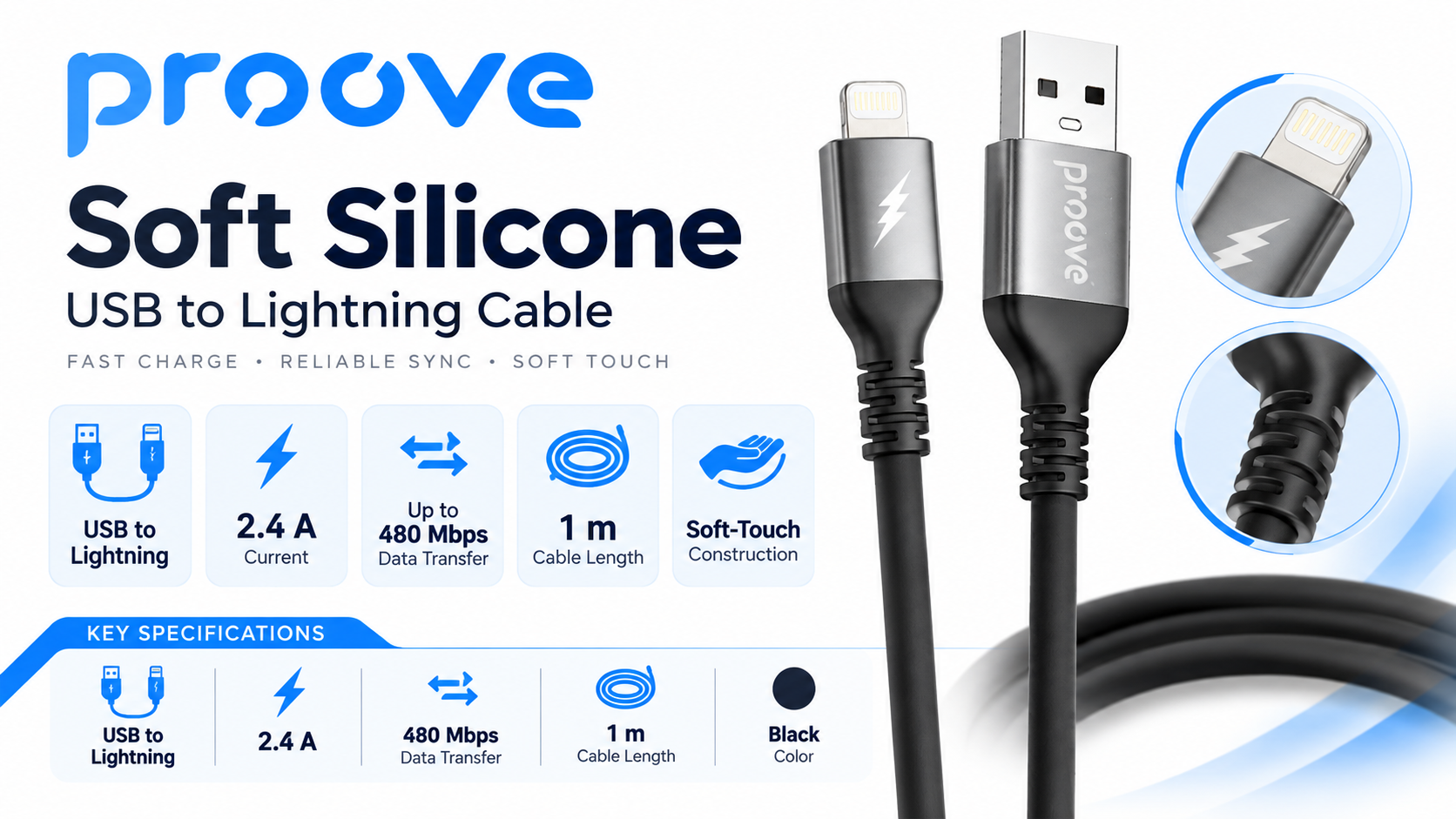 Proove Soft Silicone USB to Lightning Cable 2.4 A 1 m Black Overview