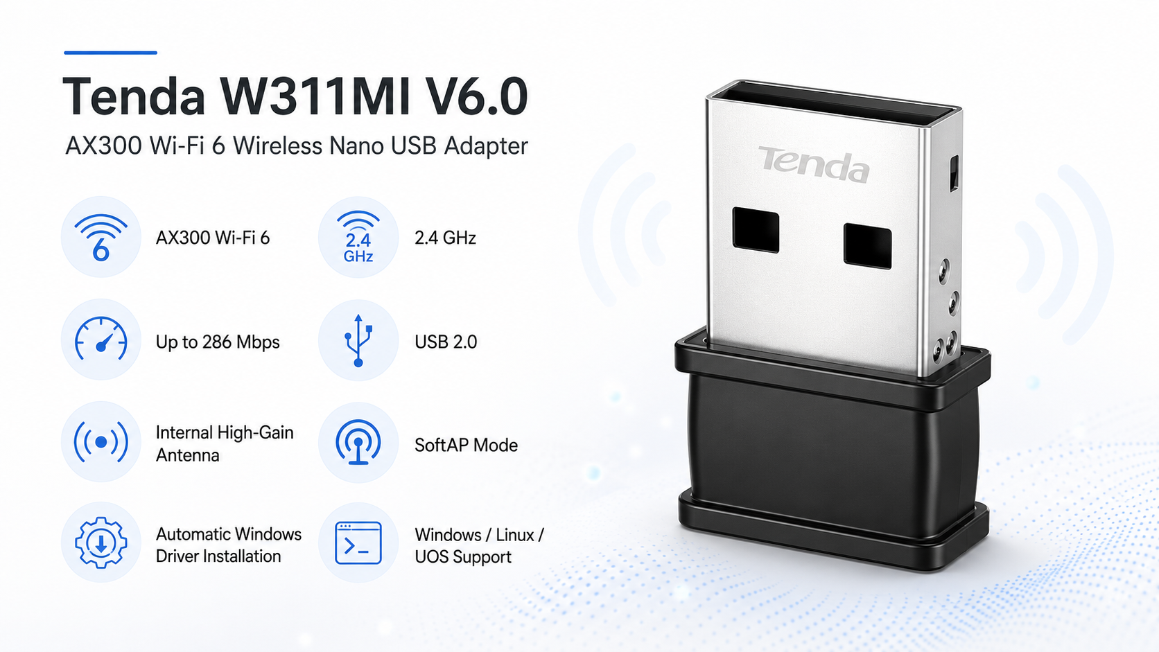 Tenda W311MI V6.0 AX300 Wi-Fi 6 Nano USB Adapter Overview