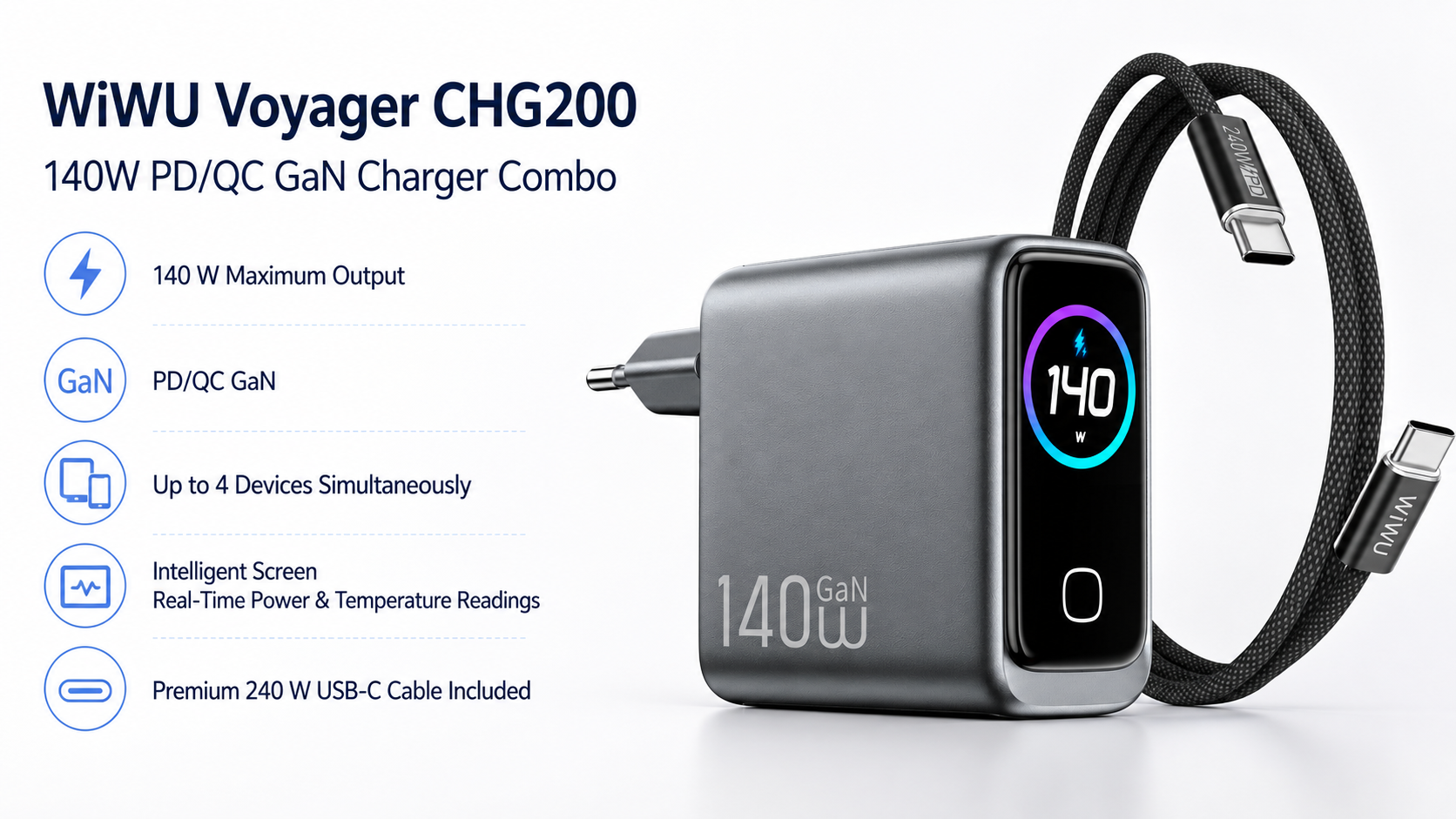 WiWU Voyager CHG200 140W PD/QC GaN Charger Combo Overview