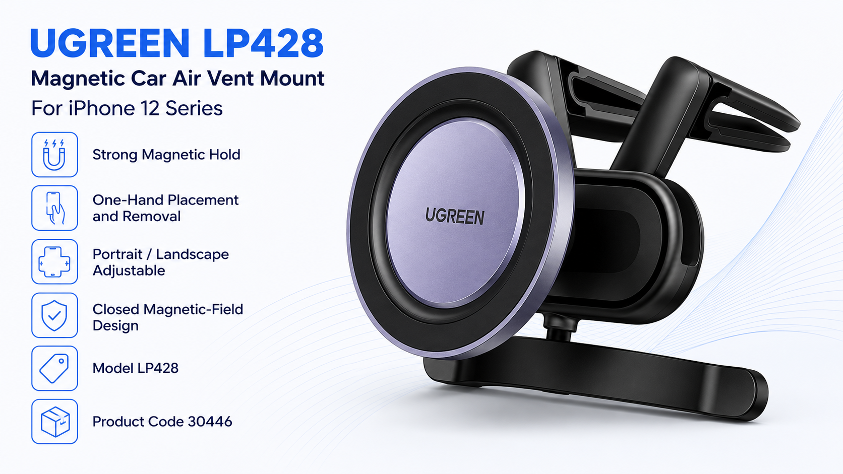 UGREEN LP428 Magnetic Car Air Vent Phone Mount for iPhone 12 Series Black Overview