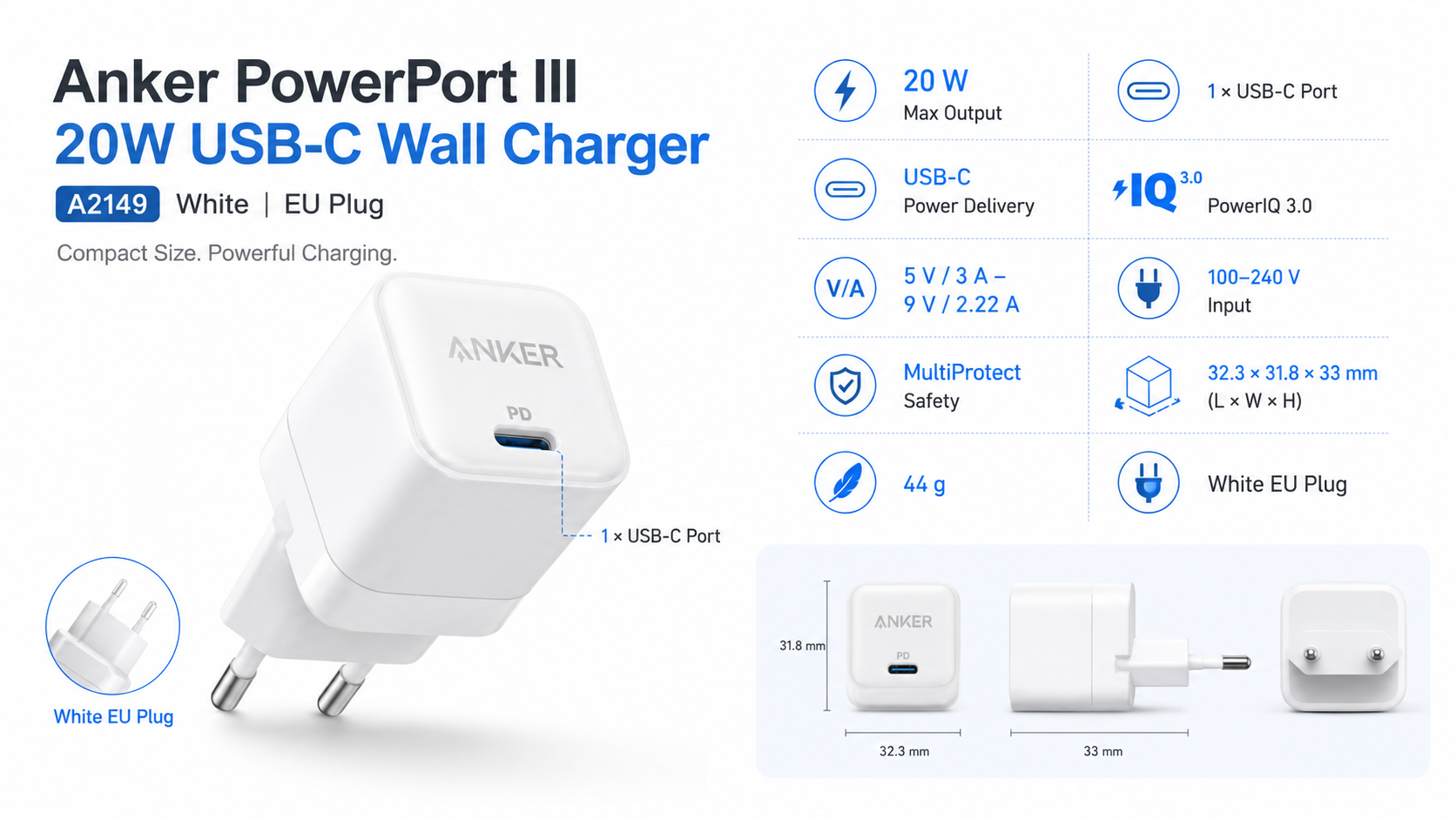 Anker PowerPort III 20W USB-C Wall Charger A2149 White EU Plug Overview