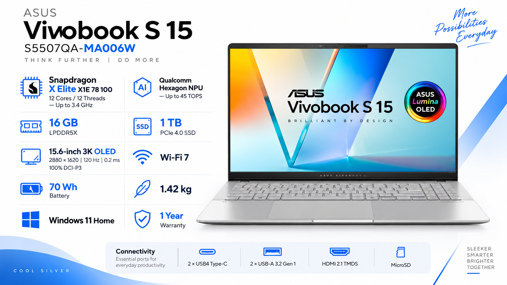 ASUS Vivobook S 15 S5507QA-MA006W Snapdragon X Elite 16GB 1TB 15.6-inch 3K OLED 120Hz Cool Silver Overview