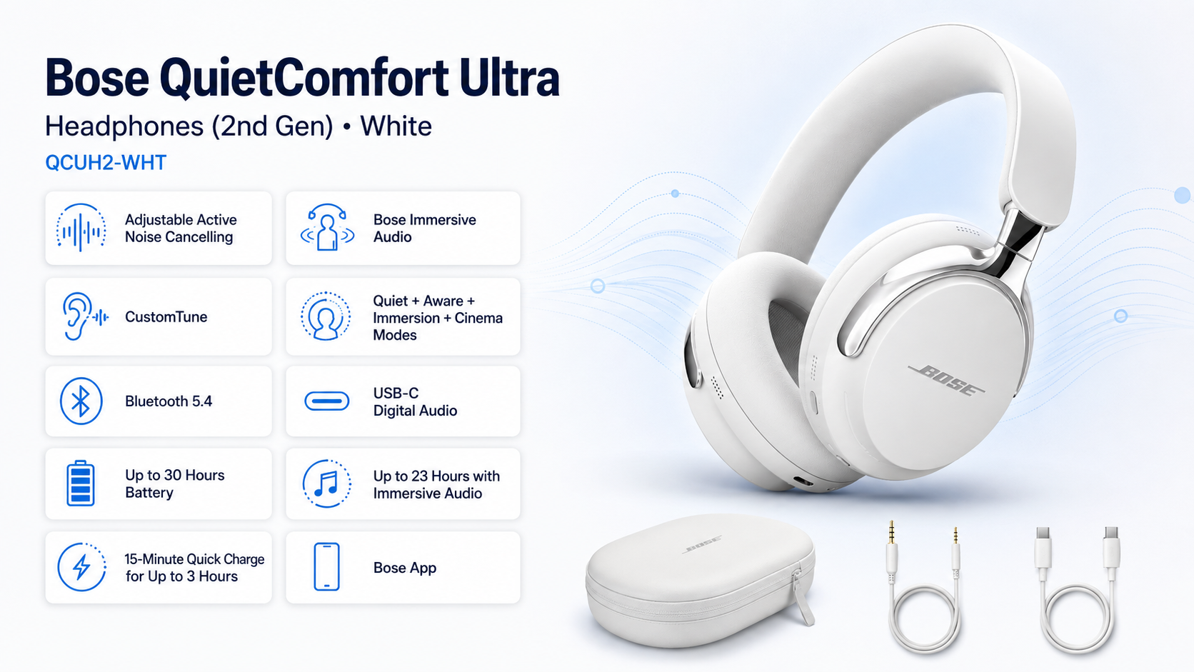 Bose QuietComfort Ultra Headphones 2nd Gen Wireless Noise Cancelling Headphones White Overview