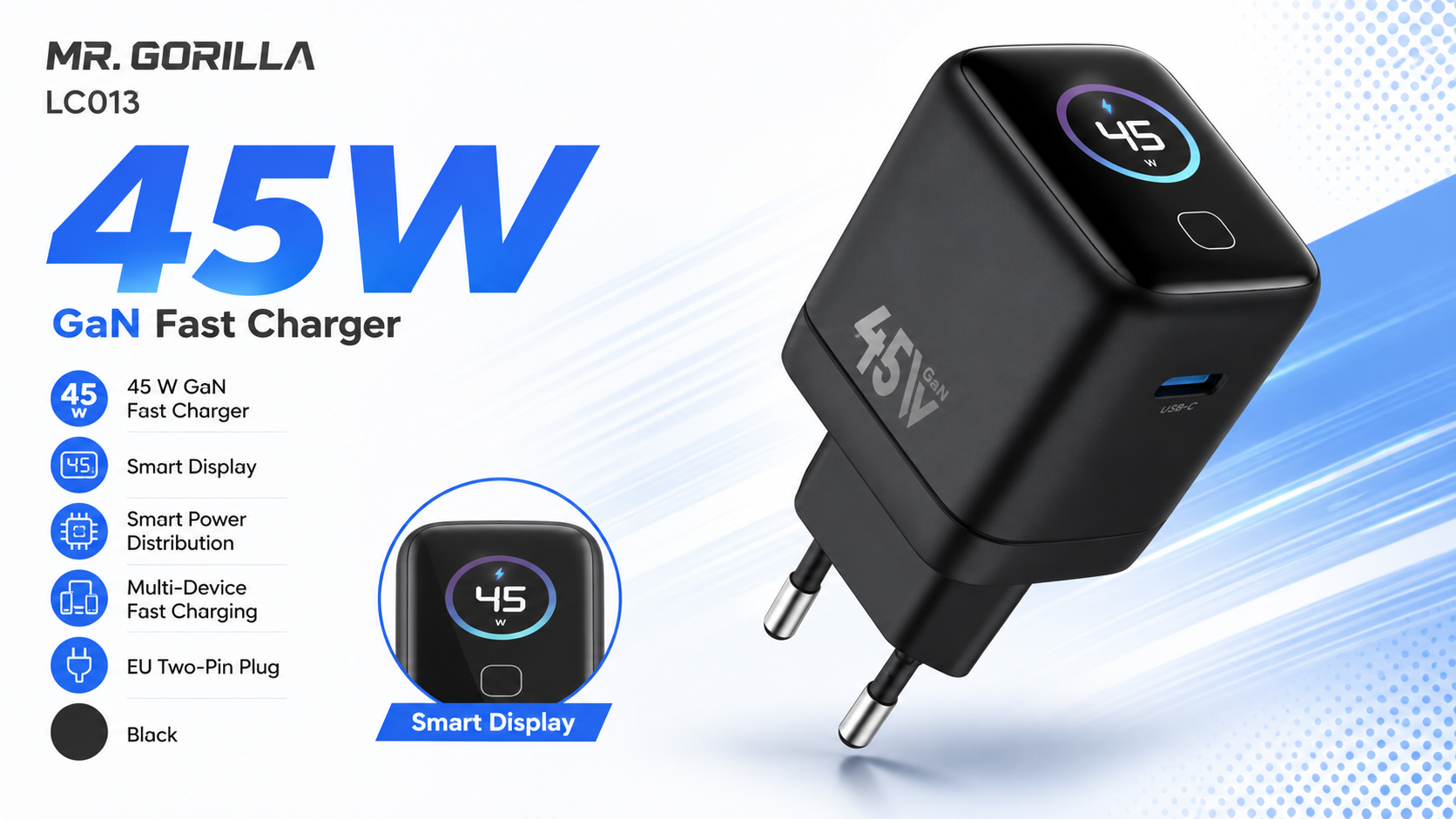 BLUEO Mr. Gorilla LC013 45W GaN Smart Display Fast Charger EU Black Overview