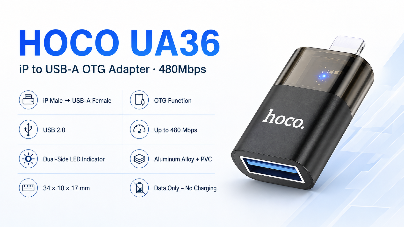 HOCO UA36 iP to USB-A OTG Adapter 480Mbps Overview