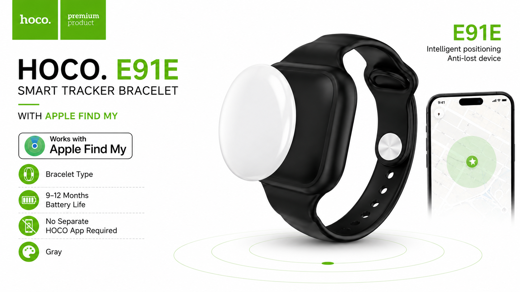 HOCO E91E Smart Tracker Bracelet with Apple Find My Black Overview