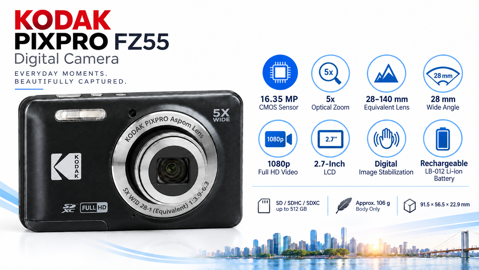 KODAK PIXPRO FZ55 16MP 5x Optical Zoom Digital Camera Black Overview