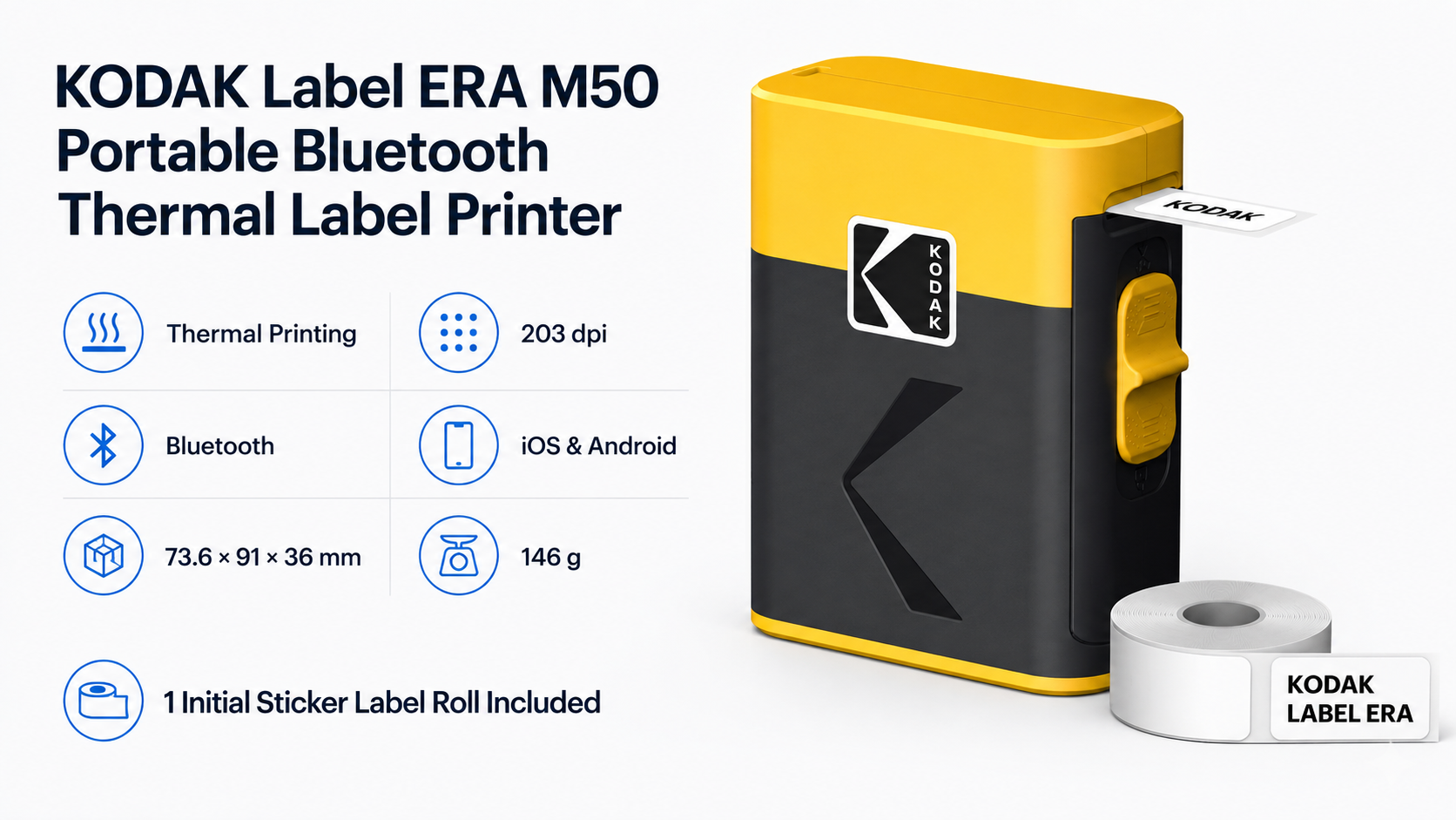 KODAK Label ERA M50 Thermal Label Printer with 14 x 30 mm, 14 x 40 mm, 14 x 50 mm and 14 mm Continuous Label Support
