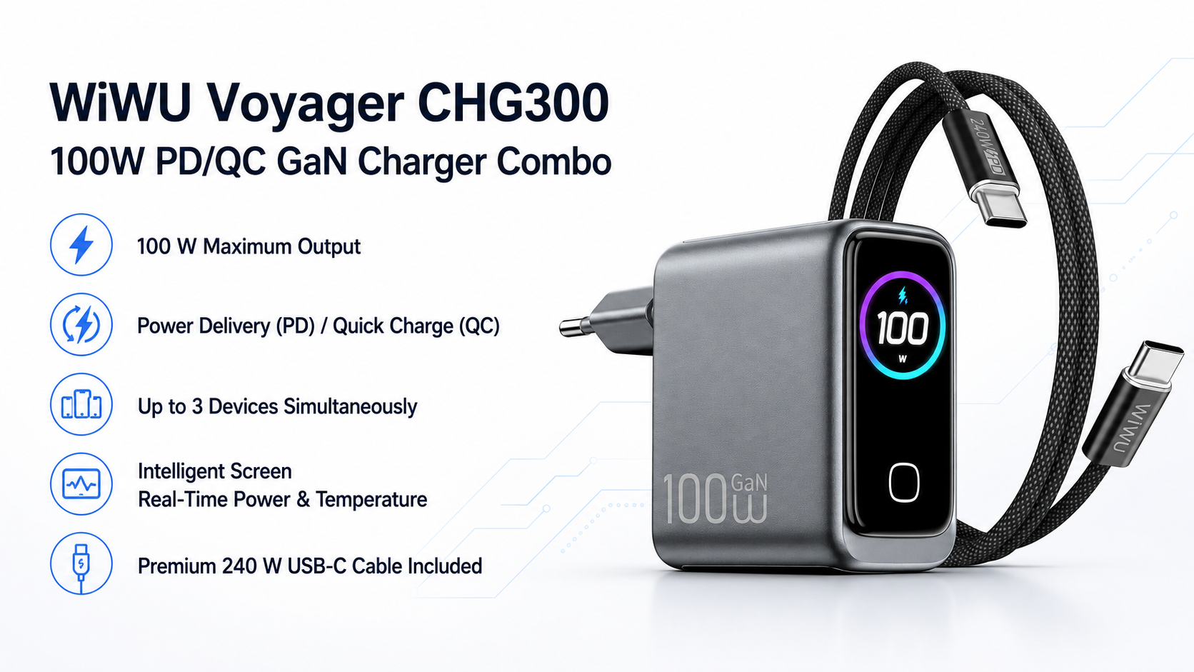 WiWU Voyager CHG300 100W PD/QC GaN Charger Combo Overview