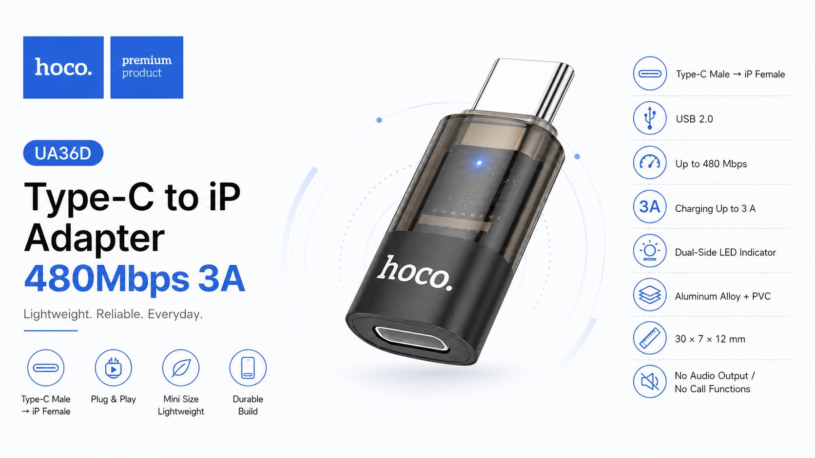 HOCO UA36D Type-C to iP Adapter 480Mbps 3A Overview